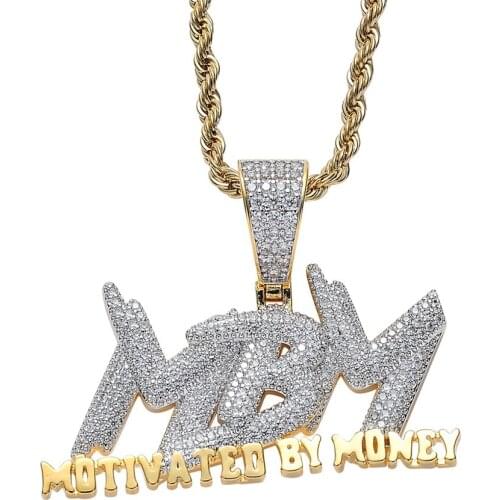 Hip Hop Mens Iced Out Gold MBM Motivated By Money Pendant Necklace Jewelry Gift For Him with Rope Chain