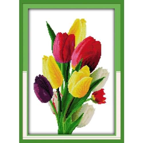 Colorful Tulip Cross Stitch Kits DIY Flowers Pattern 14CT 11CT Counted Canvas Embroidery Set Needlework Home Decoration Painting