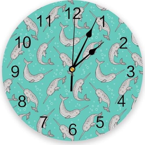 Narwhal Grey on Green Fashion Wall Clock Living Room Bedroom Hanging Table Silent Children Room Wall Clocks Home Decor