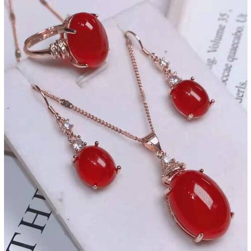 Natural S925 silver inlaid red blue green white jade Pendant ring earrings three-piece jewelry suit