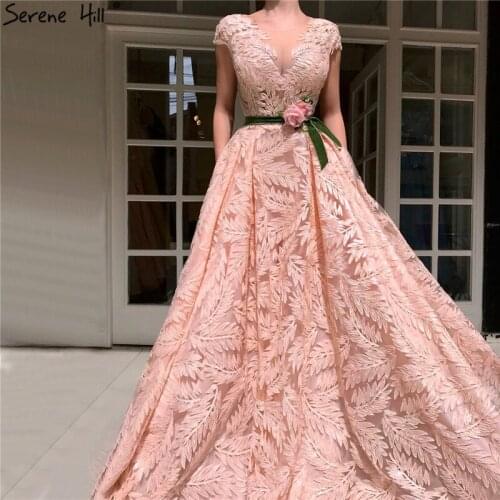 Peach V-Neck Lace Flower Belt Evening Dresses 2020 Latest Design Sleeveless Sexy Evening Gowns Serene Hill BLA60771