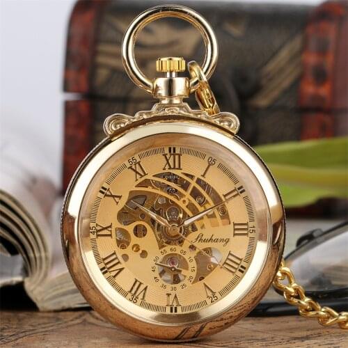 Luxury Gold Mechanical Hand Winding Pocket Watch Roman Numerals Display Open Face Pendant Fob Chain Pendant Manual Clock Male