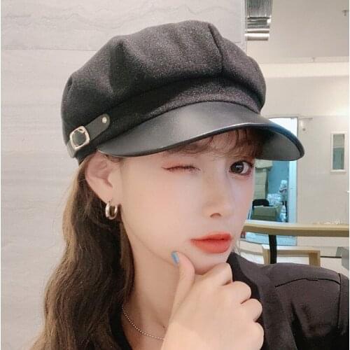 KENSHELLEY 2021 hot sale solid color woolen hat women winter short brim octagonal Visor Beret Newsboy Hat for Ladies