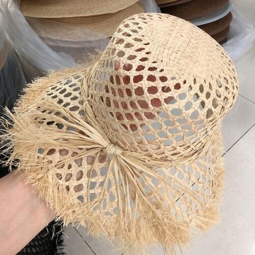 New Women Summer Sun Hat Natural Raffia Female Handmade Wide Brim Hollow Out Hat Beach Cap Straw Fedora Catwalk Style Chapeau