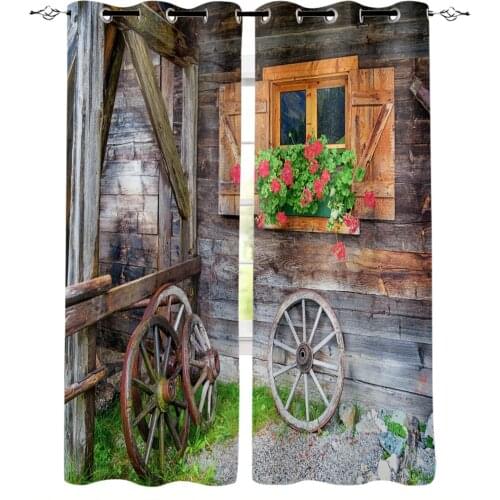 Flower Wheel Window Old Wooden Hut Blackout Curtains Bedroom Living Room Home Decoration for Children Girls Boys Gift