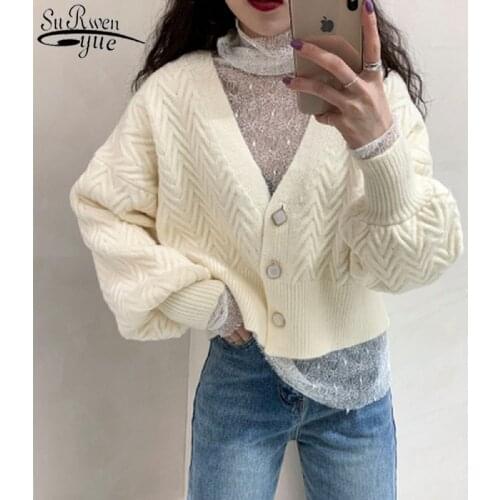 Lantern Long Sleeve Knitted Sweater Korean Pop Solid Single-breasted Winter Clothes Women New V-neck Loose Short Cardigan 11834