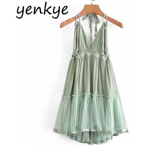 YENKYE Mesh Patchwork Sexy Backless Halter Dress Women V Neck Sleeveless Sundress Vestido Mujer Holiday Summer Beach Dress Short