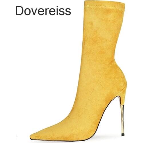 Dovereiss Winter New Fashion Sexy Pointed Toe Blue Grey Yellow Apricot Clear Heels Boots Stilettos Heels Short Boots 43 44 45