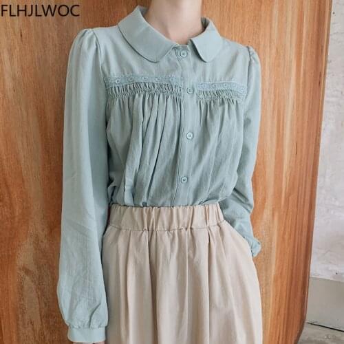 Korea Chic Tops Japanses Cute Sweet Girls Lady Flhjlwoc Design Solid Peter Pan Collar Single Breasted Women Shirts