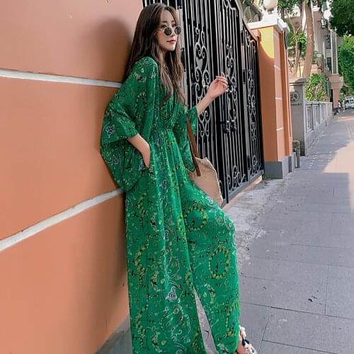 Summer Womens Jumpsuit 2021 Retro Chiffon Green Print Waist Bohemian Loose Chiffon Jumpsuit