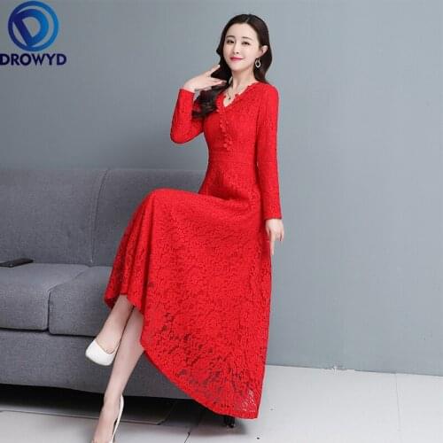 Fashion Long Dress Women Autumn 2021 New Brief Office Lady French Style Fashion Full Sleeve Solid Lace V-Neck Red Black Dresses