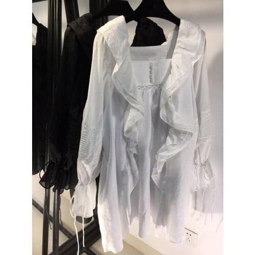 Fashion Ladies 2021 New Long Sleeve Square Neck Ruffled Linen Tie Bandwidth Loose Dress 0112