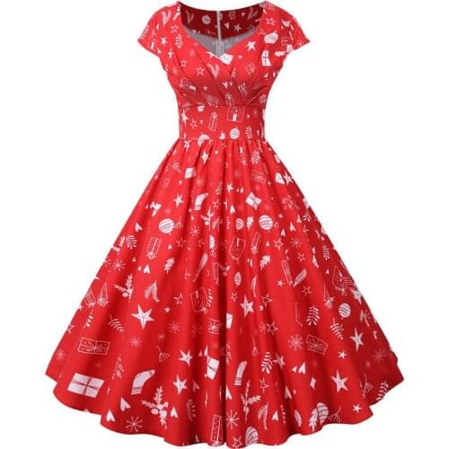 Women Christmas Dress Sexy V Neck Short Sleeve High Waist Print Vintage Party Xmas Sundress Elegant Robe Plus Size 3XL