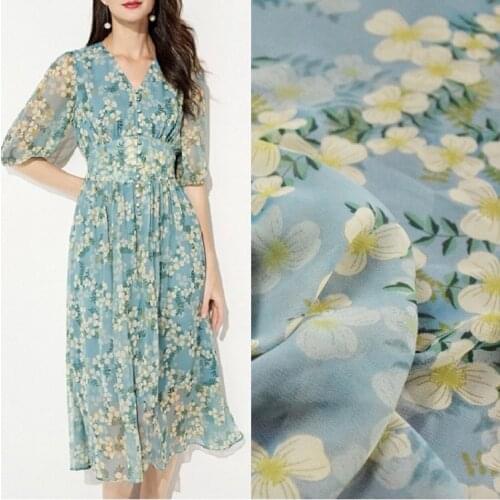 2021 hot summer elegant and fresh light gray blue iris floral chiffon dress cheongsam dress fabric soft and transparent