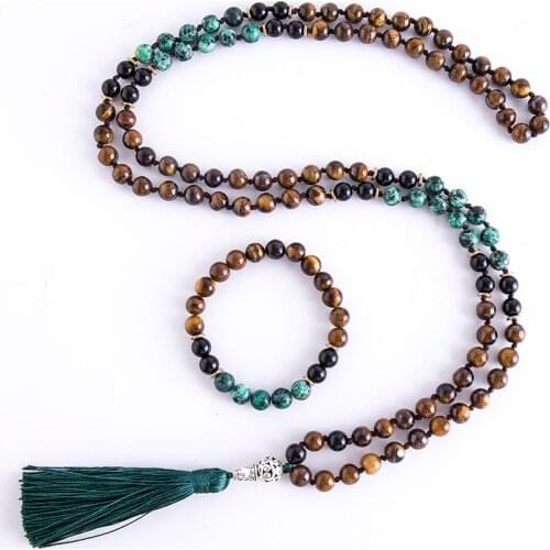 8mm Natural Yellow Tiger Eye African Turquoise Beaded Necklace Meditation Yoga Blessing Tibetan Jewelry Set 108 Japa Mala Rosary