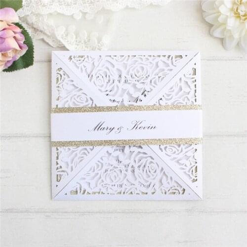 White rose invitations for wedding bridal shower birthday printing insert belly band happy greeting cards 50pcs