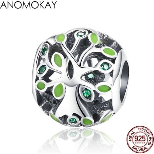 Anomokay Real 925 Sterling Silver Green CZ Family Tree of Life Beads fit Bracelet Bangle S925 Silver Leaf Charm for DIY Jewelry