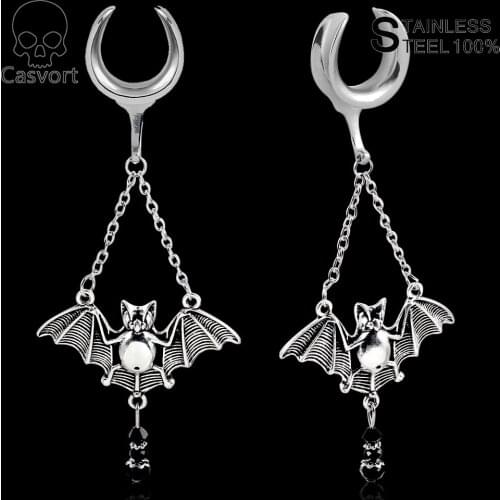 Casvort 2PCS Fashion Saddle Tunnels Bat Ear Weights Stainless Steel Hook Earrings Piercing Hangers Women And Men Body Jewelry