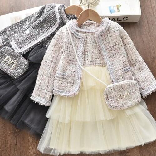 Kids Baby Girl Winter Clothes Girls Coats And Patchwork Sleeveless Dress Outfits Childrens Elegant Tweed Sets With Pearls Bags