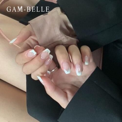 GAM-BELLE French Fake Nail White Tips With Rhinestone Full Cover Elegant Press On Nails Square Shape Faux Ongles Manicure Tool
