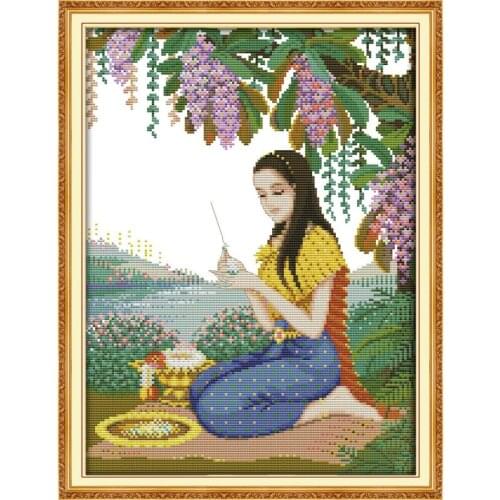 Joy Sunday Cross Stitch Patten Play Flower Girl DMC 11&14CT Counted And Printed Embroidery Needlework Kit For Home Decoration