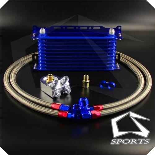 10 Row Trust Oil Cooler w/ Bracket + M20*1.5 / 3/4*16 Filter Adapter Hose Kit Blue