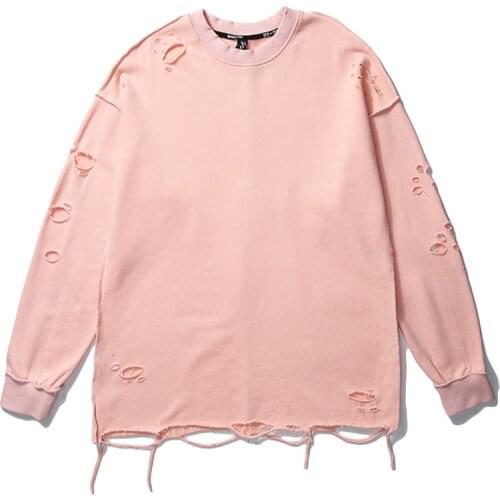 Mens Ripped Destroyed 100% Cotton Holes Sweatshirts Long Sleeve Oversize Pullover Unisex Hoodie 2020Autumn Male Sweatshirts Tops