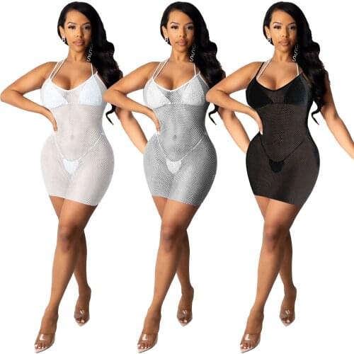 Nightclub Stretch Mesh Dress V-neck Sleeveless Sling Dress Backless Bodycon Mini Dress Solid Beach Sundress Women Casual Dress