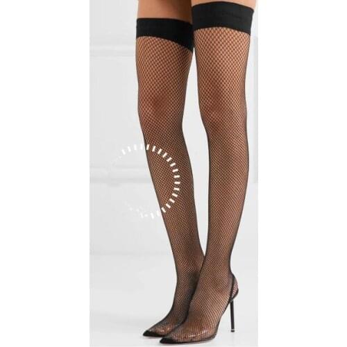 New 2018 Brand Women Sexy Black Pointed Toe Stiletto Heel Slip On Elastic Fishnet Socks Short/Over The Knee Boots Plus Size 42