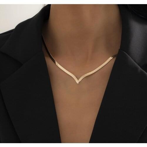 Simple Minimalist Copper Flat Snake Chain Choker Necklace Punk V-Shaped Short Collar Clavicle Necklace Lady herringbone Jewelry