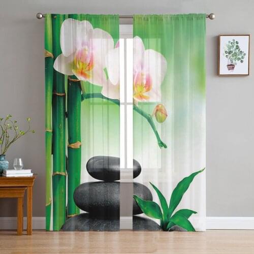 Zen Stones Orchids Flower Green Bamboo Curtains For Living Room Bedroom Transparent Tulle Curtains Window Drapes Sheer Curtain