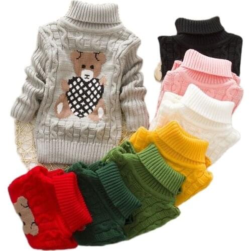 Bear Sweater 2021winter Boy Girl Kid Thick Knitted Bottoming Turtleneck Shirts Baby High Collar Pullover Toddler Sweater 2-8Y