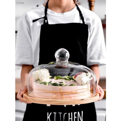 European-style Rotating Wooden Cake Pan with Glass Cover Snack Pizza Tray Fruit Tray Display Stand Cake Stand Baking Accessories