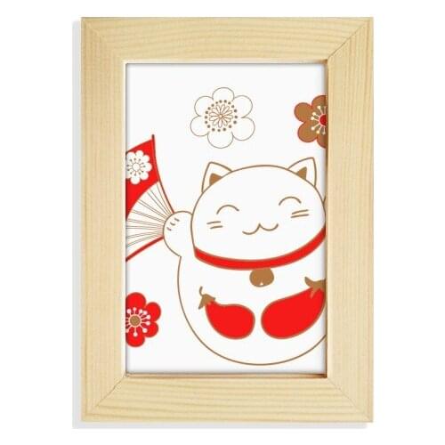Japan Lucky Fortune Cat Flower Copper Desktop Wooden Photo Frame Picture Art Painting 5x7 inch