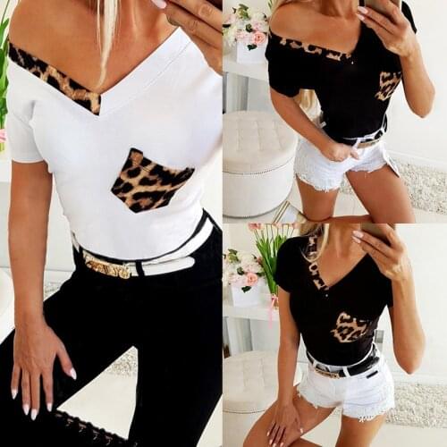 Women Summer Casual Loose T-Shirts Color Matching Design Pockets Decor V-Neck Short Sleeve Leopard Print Slim Pullovers Top