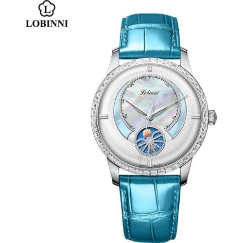 LOBINNI Women Skeleton Automatic Mechanical Watch Luxury Brand Sapphire Shell Dial Genuine Leather Wristwatch Female Clock 5ATM