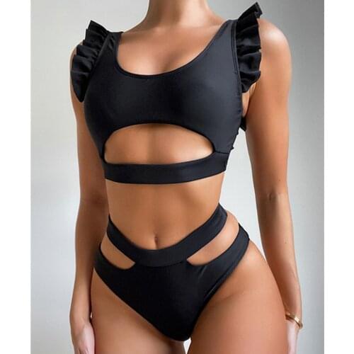 Female Swimsuits Rufle Sleeveless Padded Bra+Briefs Solid Sexy Swimwear Women Bikini Set Hollow Bathing Beach Sports Clothing