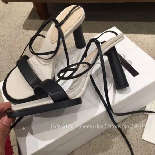 Round Square Toe Cross Tied Women Rome Sandals One Strap High Heel Runway Shoes Black White Real Leather Gladiator Sandals Woman