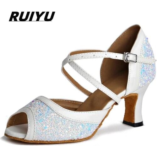 Dance Shoes Salsa Tango Latin Dance Womens Ballroom Performance Sneakers Girls High HHeels White Blue Sequins