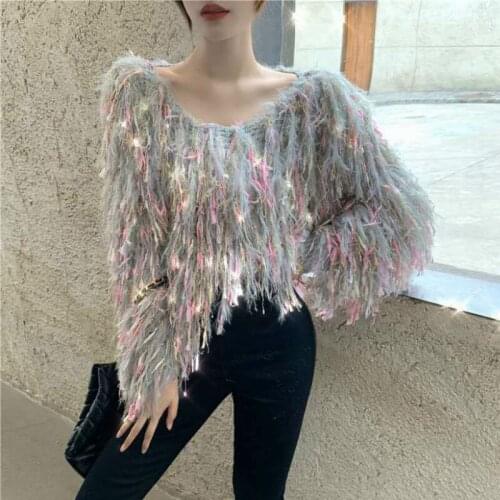 Women Knitted Tassels Sweater Fringed Pullover Bright Silk Autumn Winter O-Neck Loose Woven Faux Mink Fur Crocheted Crop Tops