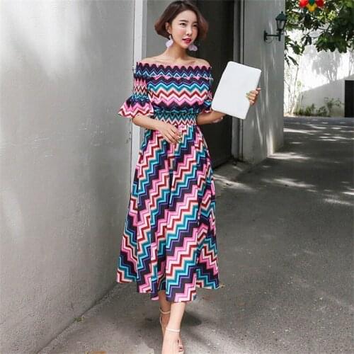 Women Summer Leaves Printing Dress Sexy Off The Shoulder Ruffles Dresses Three Quarter Length Sleeve Loose Beach Dress Vestidos