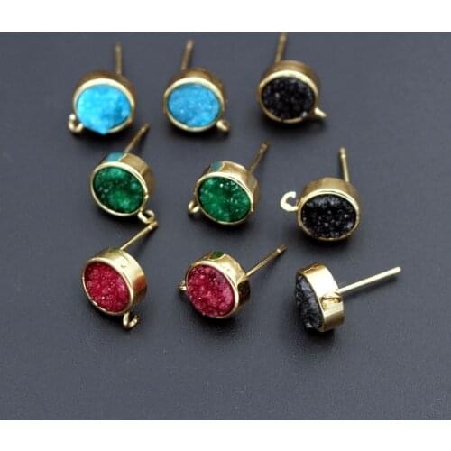 10pairs Trendy Natural Stone Earrings Post with Loop Round Color Druzy Agate Cluster Stone Earrings for DIY Women Drops Earrings