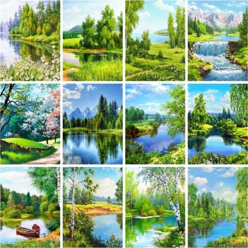 Huacan 5d Diamond Painting River Tree Scenery Wall Decor Embroidery Cross Stitch Spring Forest Landscape Mosaic Diamond Art