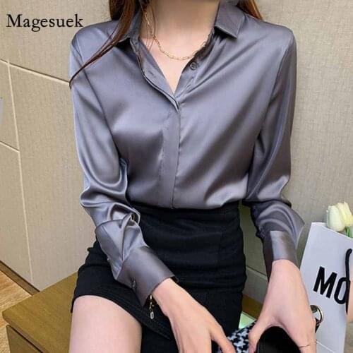 Vintage Button Up Satin Silk Shirt Autumn Fashion Blouse Women White Lady Long Sleeves Female Loose Street Shirts Blusa 12084
