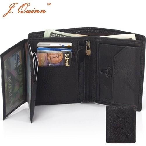 J.Quinn Hisper Enough ID Card Coin Wallet with Dual Zipper Pocket Genuine Leather Mens Wallets Business Bill Short Mens Purses