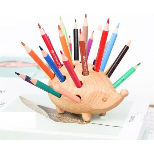 Natural Wooden Hedgehog Pen Holder 24 Holes Handmade Craft Beech Desk Accessories Ornaments Stationery Cute Room Decor Gifts