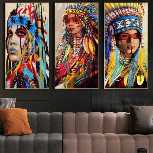 Indian girl colorful feather canvas painting and poster, modern abstract graffiti wall art picture for home decoration