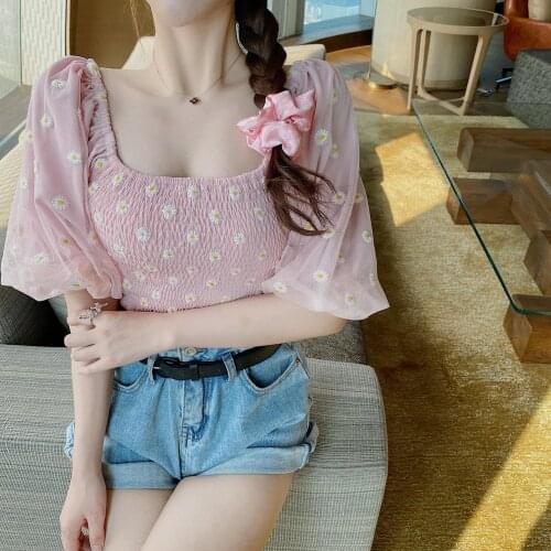 Womens Hot Sale Daisy Top Mesh Strapless Top Embroidery Pattern Cute Fashion 2020