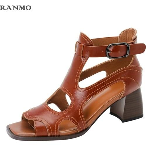 Fashion Genuine Leather Women Sandals 2021 Summer New Shoes Open Toe Rome Style High Heels Fashion Buckle Gladiator Shoes Woman