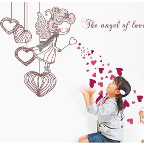 Lovely Heart Shape Girl Wall Stickers Home Decor The Angel Of Love Fairy Wall Decals Living Room Bedroom Kids Room Decoration